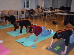 Auszubildende machen Sport auf Yoga-Matten mit Stäben auf den Rücken